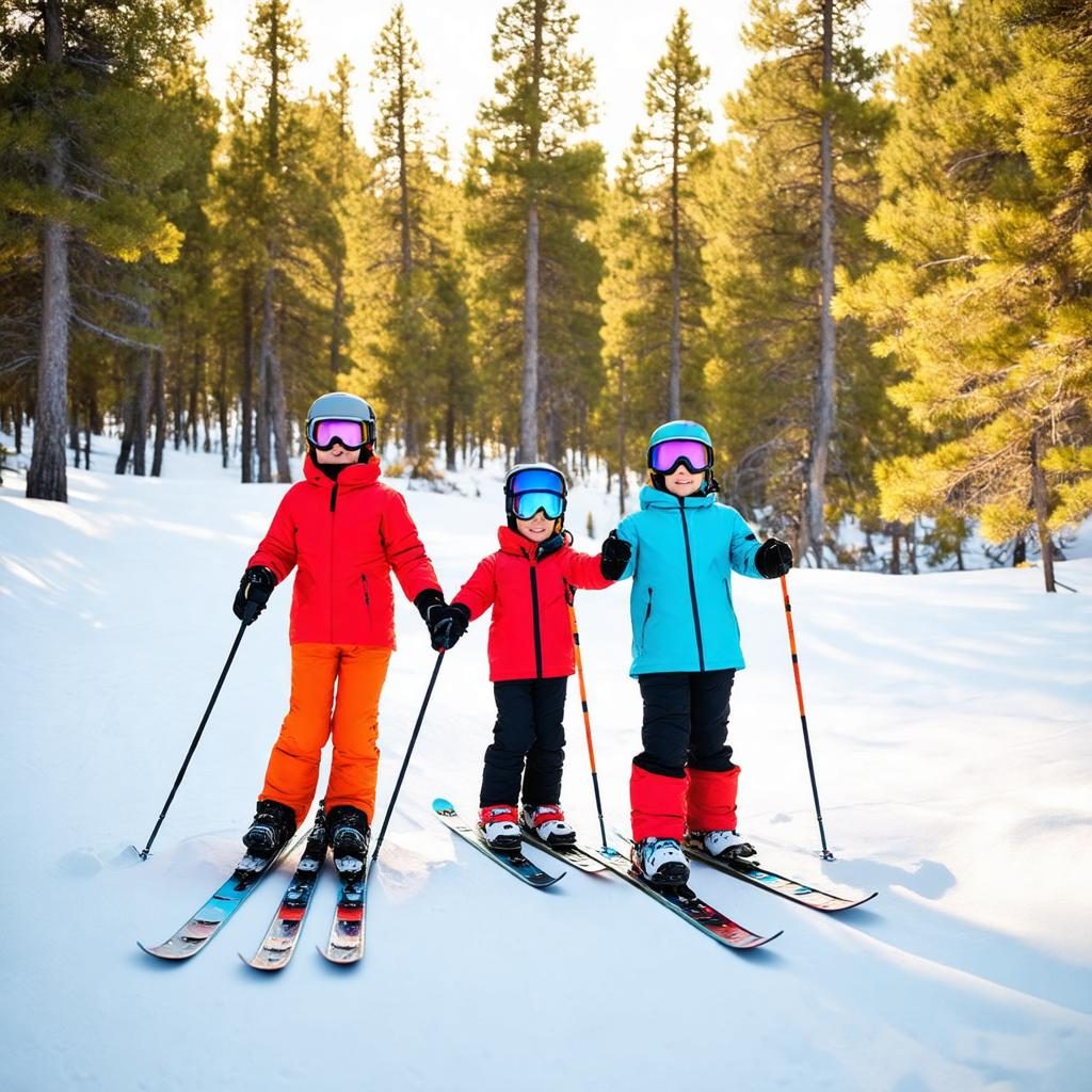 A family learning to ski on a beginner slope in Arizona